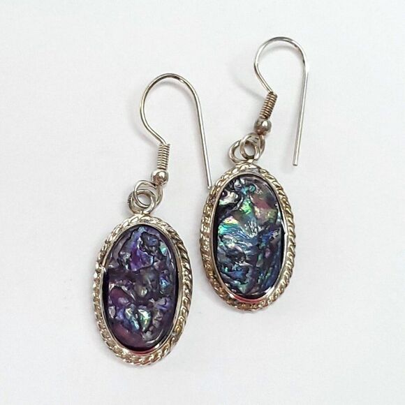 Oval Abalone Dangle Earrings In Alpaca Mexico Silver Rope Frame - Picture 1 of 4